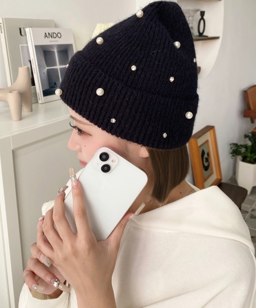 moment+（モーメントプラス）の「パール＆ビジューリブニット帽（ニットキャップ/ビーニー・レディース・ブラック/アイボリー/グレー・FREE）」の20枚目の写真