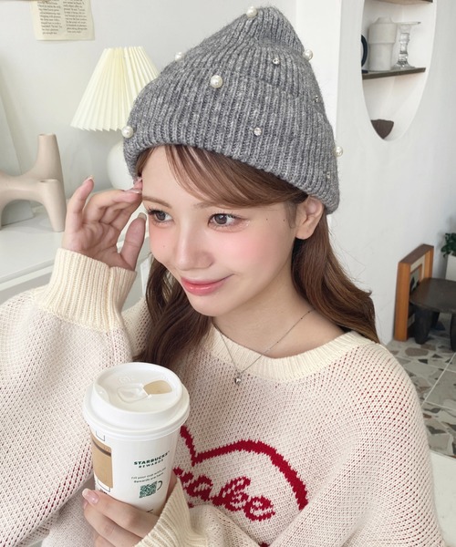 moment+（モーメントプラス）の「パール＆ビジューリブニット帽（ニットキャップ/ビーニー・レディース・ブラック/アイボリー/グレー・FREE）」の22枚目の写真