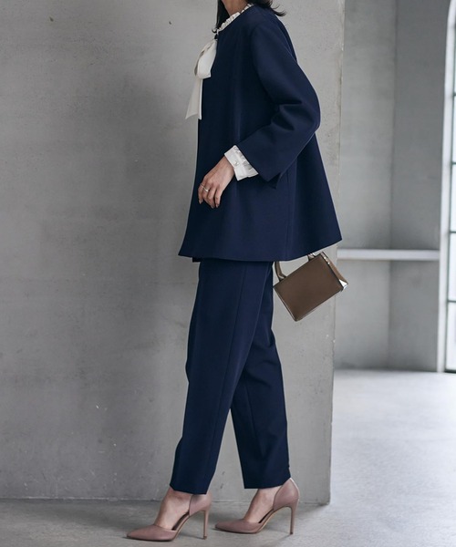 美品♡ LAUTREAMONT セットアップ　ノーカラー　ネイビー　濃紺　40 セール】【2点セット】ノーカラーAラインジャケット・テーパード