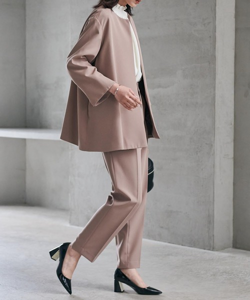 セール】【2点セット】ノーカラーAラインジャケット・テーパード