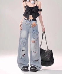gossip！ロサンゼルス（ゴシップロサンゼルス）の「ハイウエスト　ダメージ　ワイドデニムパンツ（デニムパンツ）」