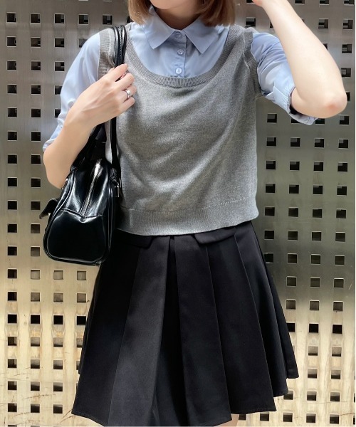 clear（クリア）の「ニットドッキング5分袖シャツ［フレンチ ガーリー］≪再入荷≫（シャツ/ブラウス・レディース・ブラック/モカ/杢グレー・F）」の2枚目の写真