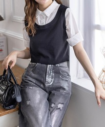 ニットドッキング5分袖シャツ［フレンチ ガーリー］≪再入荷≫
