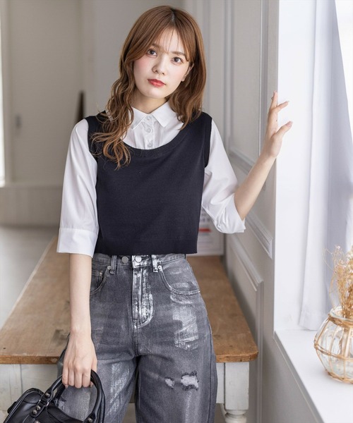 clear（クリア）の「ニットドッキング5分袖シャツ［フレンチ ガーリー］≪再入荷≫（シャツ/ブラウス・レディース・ブラック/モカ/杢グレー・F）」の19枚目の写真