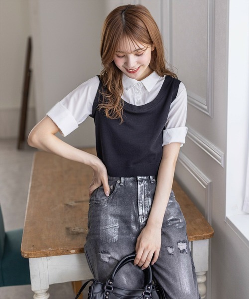 clear（クリア）の「ニットドッキング5分袖シャツ［フレンチ ガーリー］≪再入荷≫（シャツ/ブラウス・レディース・ブラック/モカ/杢グレー・F）」の20枚目の写真
