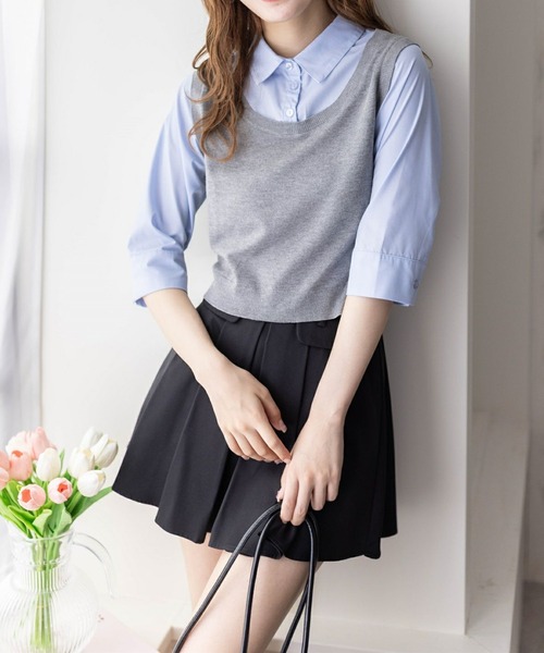 clear（クリア）の「ニットドッキング5分袖シャツ［フレンチ ガーリー］≪再入荷≫（シャツ/ブラウス・レディース・ブラック/モカ/杢グレー・F）」の12枚目の写真