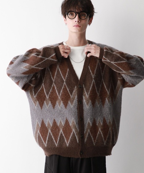 セール】Pattern mohair knit over loose cardigan/総柄/モヘヤニット