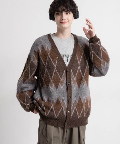 セール】Pattern mohair knit over loose cardigan/総柄/モヘヤニット