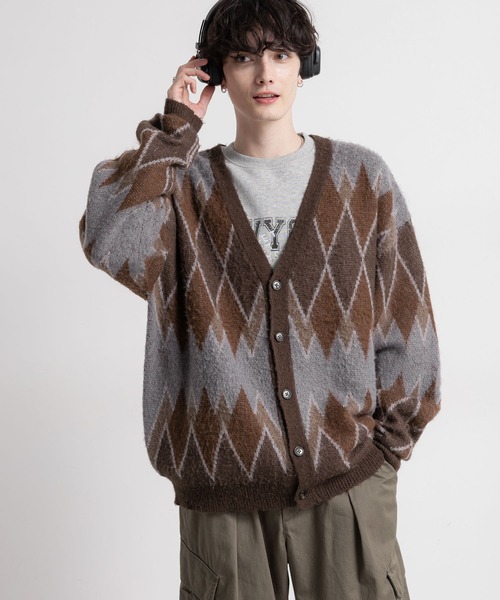 FLAGSTUFF 総柄　ウールニット　カーディガン　モヘヤ　メンズ　編み込み FLAGSTUFF 総柄 ウールニット カーディガン モヘヤ メンズ