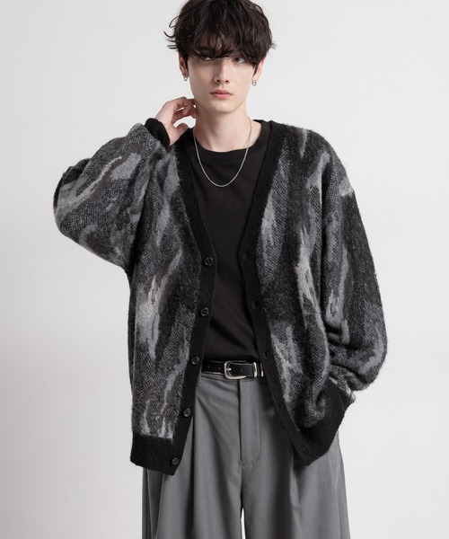 セール】Pattern mohair knit over loose cardigan/総柄/モヘヤニット