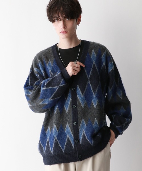 FLAGSTUFF 総柄　ウールニット　カーディガン　モヘヤ　メンズ　編み込み FLAGSTUFF 総柄 ウールニット カーディガン モヘヤ メンズ