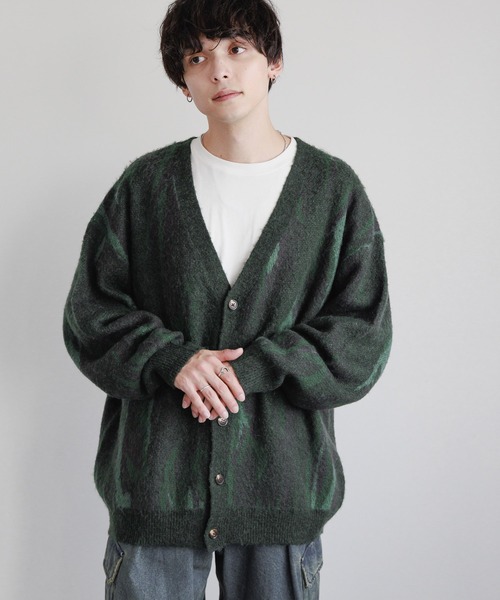 セール】Pattern mohair knit over loose cardigan/総柄/モヘヤニット