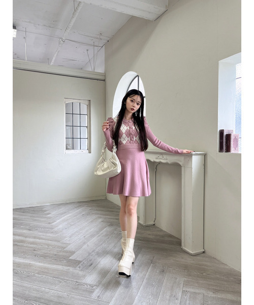 MIIA（ミーア）の「アーガイル柄ミニフレアワンピース（ワンピース