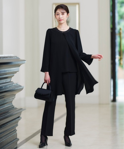 セール】【喪服・礼服】洗える防しわロング羽織重ね着風前開きブラウス