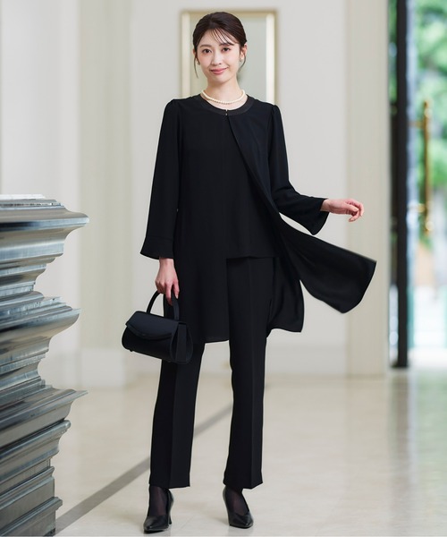 セール】【喪服・礼服】洗える防しわロング羽織重ね着風前開きブラウス