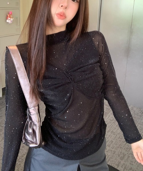 AsRiRe(アスリレイ)の「リボンデザイン キラキラシアートップス(Tシャツ/カットソー・レディース・ブラック/ブラウン/レッド・M)」の11枚目の写真
