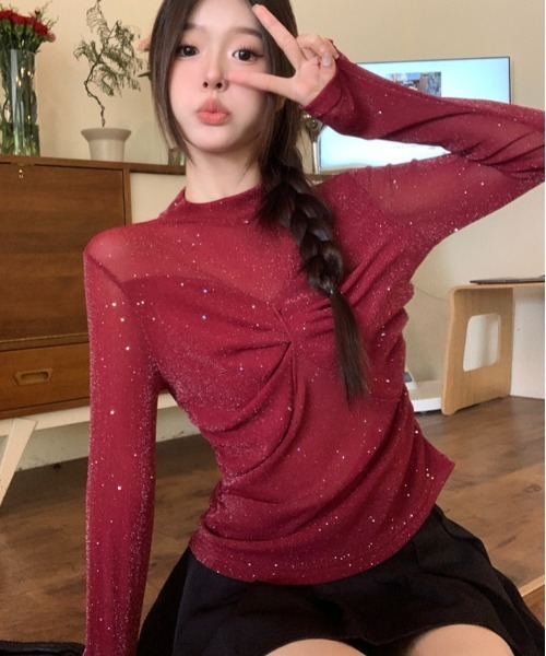 AsRiRe(アスリレイ)の「リボンデザイン キラキラシアートップス(Tシャツ/カットソー・レディース・ブラック/ブラウン/レッド・M)」の14枚目の写真
