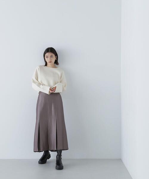 NATURAL BEAUTY BASIC(ナチュラルビューティーベーシック)の「◇<グロッシーツイルシリーズ>ボックスタックフレアスカート(スカート・レディース・ダークブラウン/ベージュ・SMALL/MEDIUM)」の1枚目の写真