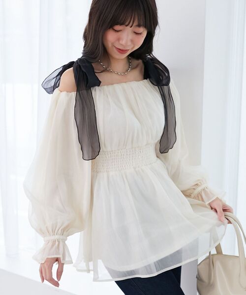 MAJESTIC LEGON（マジェスティックレゴン）の「ショルダーリボンオフショルチュニック（シャツ/ブラウス・レディース・ブラック/アイボリー/グレー/ホワイト系その他2・MEDIUM）」の19枚目の写真