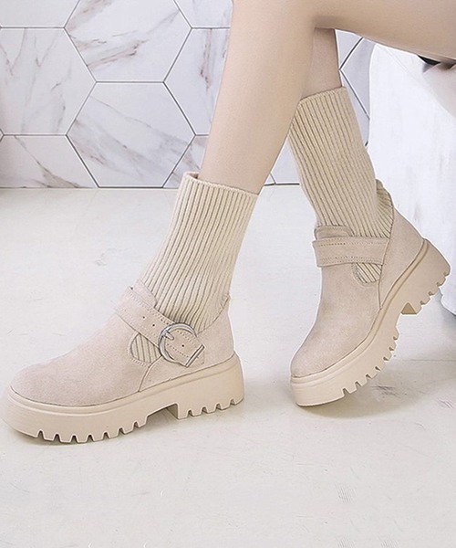 STYLEBLOCK（スタイルブロック）の「ソックス切替ショートブーツ（ブーツ・レディース・ブラック/オフホワイト/ブラック系その他/ホワイト系その他・37/38/40/39/36/35）」の2枚目の写真