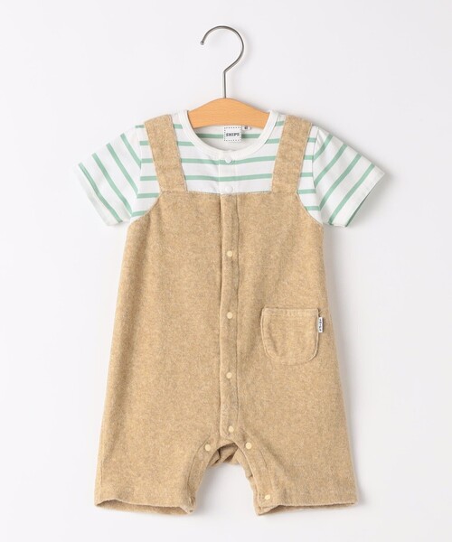 SHIPS(シップス)の「SHIPS KIDS:70~80cm / フェイク オーバーオール ボーダー ロンパース(ロンパース・キッズ・ベージュ/ネイビー・80/70)」の1枚目の写真