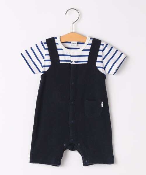 SHIPS(シップス)の「SHIPS KIDS:70~80cm / フェイク オーバーオール ボーダー ロンパース(ロンパース・キッズ・ベージュ/ネイビー・80/70)」の2枚目の写真