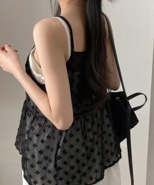 Teem Store（チームストア）の「【前後2WAY】春夏定番チュールティアード レイヤード前結びリボンキャミソール（キャミソール・レディース・ブラック/ホワイト・F）」の19枚目の写真