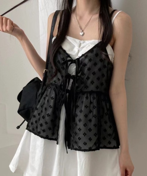 Teem Store（チームストア）の「【前後2WAY】春夏定番チュールティアード レイヤード前結びリボンキャミソール（キャミソール・レディース・ブラック/ホワイト・F）」の20枚目の写真
