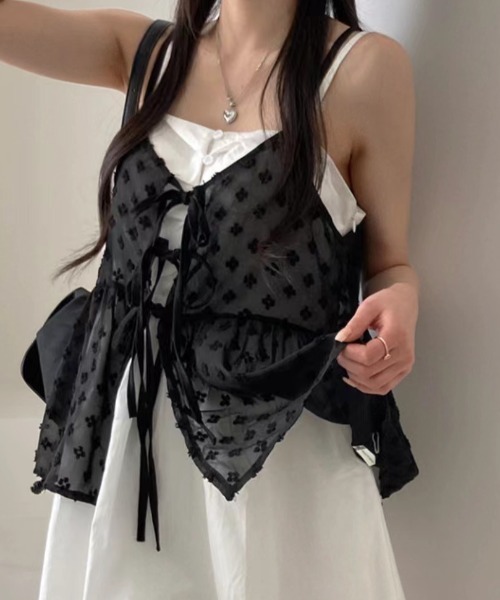 Teem Store（チームストア）の「【前後2WAY】春夏定番チュールティアード レイヤード前結びリボンキャミソール（キャミソール・レディース・ブラック/ホワイト・F）」の21枚目の写真