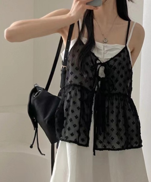 Teem Store（チームストア）の「【前後2WAY】春夏定番チュールティアード レイヤード前結びリボンキャミソール（キャミソール・レディース・ブラック/ホワイト・F）」の22枚目の写真