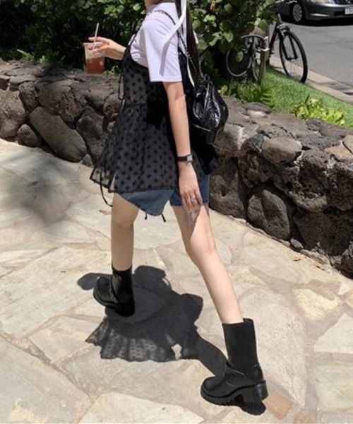 Teem Store（チームストア）の「【前後2WAY】春夏定番チュールティアード レイヤード前結びリボンキャミソール（キャミソール・レディース・ブラック/ホワイト・F）」の14枚目の写真