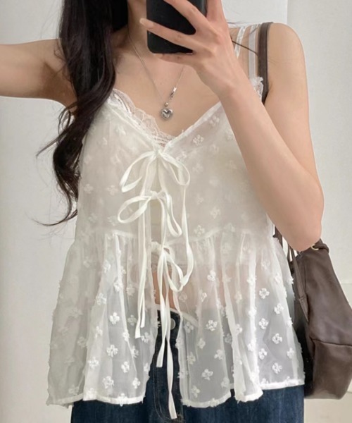 Teem Store（チームストア）の「【前後2WAY】春夏定番チュールティアード レイヤード前結びリボンキャミソール（キャミソール・レディース・ブラック/ホワイト・F）」の8枚目の写真