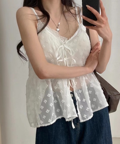 Teem Store（チームストア）の「【前後2WAY】春夏定番チュールティアード レイヤード前結びリボンキャミソール（キャミソール・レディース・ブラック/ホワイト・F）」の9枚目の写真