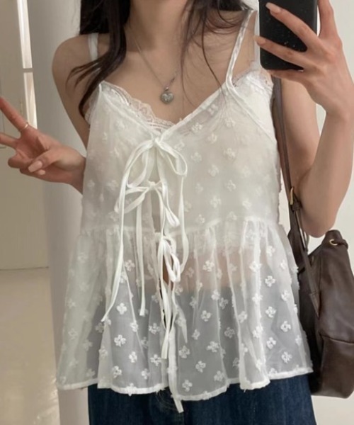 Teem Store（チームストア）の「【前後2WAY】春夏定番チュールティアード レイヤード前結びリボンキャミソール（キャミソール・レディース・ブラック/ホワイト・F）」の10枚目の写真