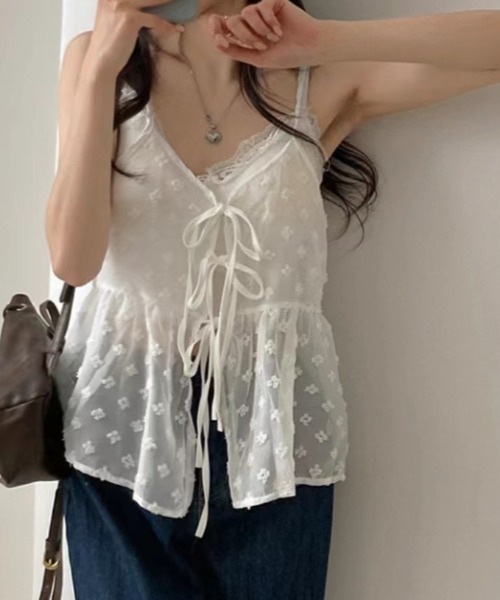 Teem Store（チームストア）の「【前後2WAY】春夏定番チュールティアード レイヤード前結びリボンキャミソール（キャミソール・レディース・ブラック/ホワイト・F）」の11枚目の写真
