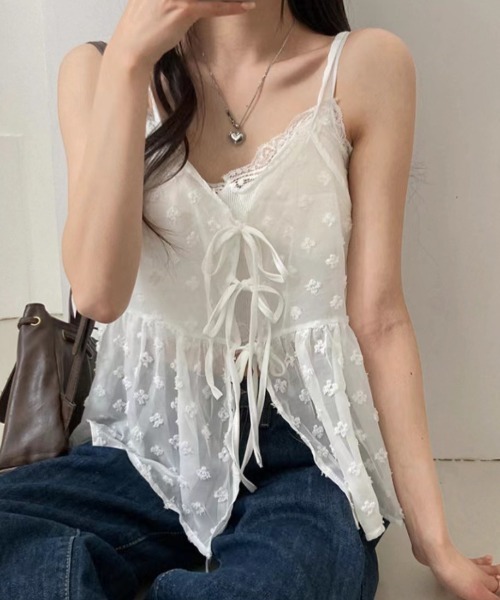 Teem Store（チームストア）の「【前後2WAY】春夏定番チュールティアード レイヤード前結びリボンキャミソール（キャミソール・レディース・ブラック/ホワイト・F）」の12枚目の写真