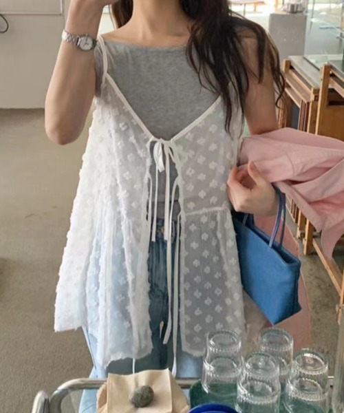 Teem Store（チームストア）の「【前後2WAY】春夏定番チュールティアード レイヤード前結びリボンキャミソール（キャミソール・レディース・ブラック/ホワイト・F）」の5枚目の写真