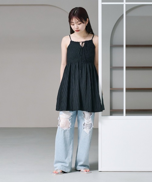 Kastane ウェーブ刺繍チュールチュニック　ブラック　カスタネ セール】【前後2WAY】ウェーブ刺繍チュールチュニック