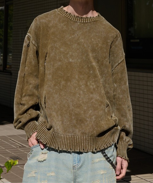Perushu(ペルーシュ)の「Vintage Like Damage Knit ヴィンテージライクダメージニット(ニット/セーター・メンズ・ネイビー/ブラウン/ブラック・LARGE/MEDIUM)」の4枚目の写真