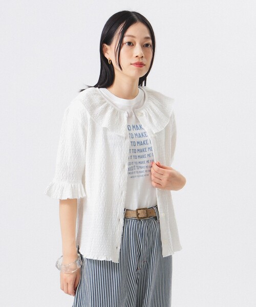 【BEAMS BOY】ジャガードフリルブラウス セール】ジャガード フリル ギャザー ショートスリーブ（Tシャツ