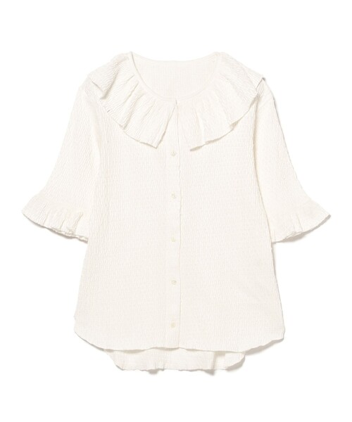 BEAMS BOY(ビームスボーイ)の「ジャガード フリル ギャザー ショートスリーブ(Tシャツ/カットソー・レディース・オフホワイト/ライトグレー/ネイビー・ONE SIZE)」の16枚目の写真