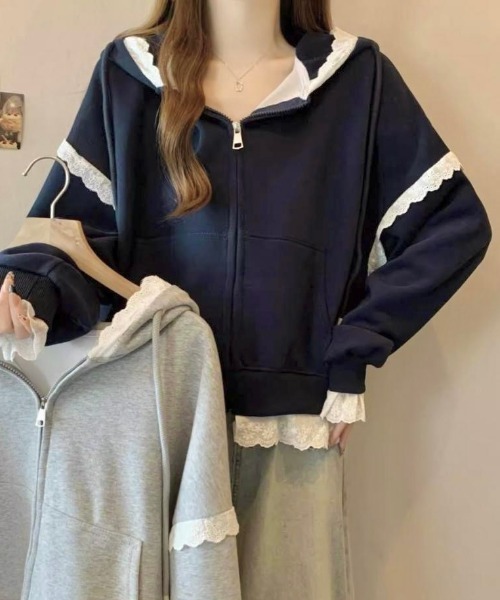 美品　PINORE バックレースジップパーカー　ネイビー　38 美品PINORE バックレースジップパーカーネイビー38