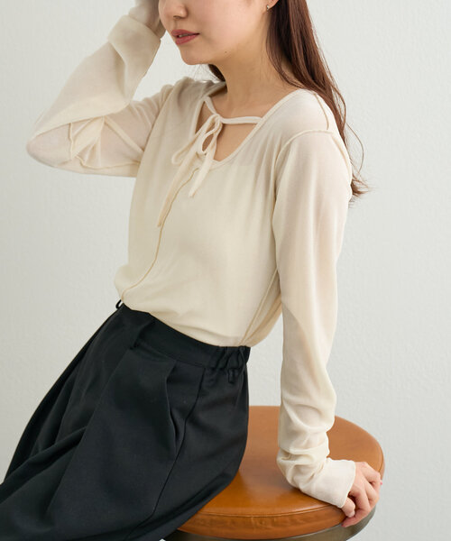 Kastane（カスタネ）の「リボン開きチュールTEE（Tシャツ/カットソー・レディース・ピンク/アイボリー/カーキ/ホワイト/サックスブルー/ブルー・FREE）」の3枚目の写真