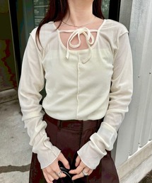 Kastane（カスタネ）の「リボン開きチュールTEE（Tシャツ/カットソー・レディース）」