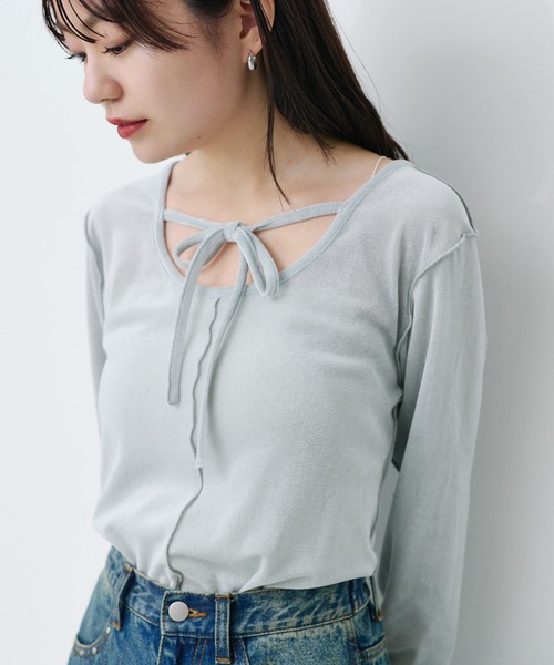 Kastane（カスタネ）の「リボン開きチュールTEE（Tシャツ/カットソー・レディース・ピンク/アイボリー/カーキ/ホワイト/サックスブルー/ブルー・FREE）」の6枚目の写真