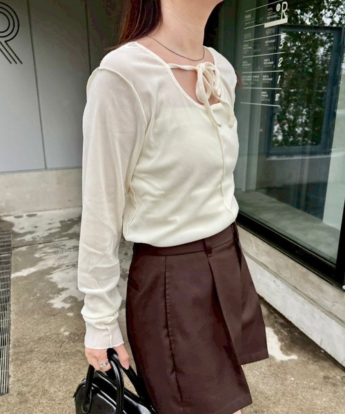 Kastane（カスタネ）の「リボン開きチュールTEE（Tシャツ/カットソー・レディース・ピンク/アイボリー/カーキ/ホワイト/サックスブルー/ブルー・FREE）」の15枚目の写真