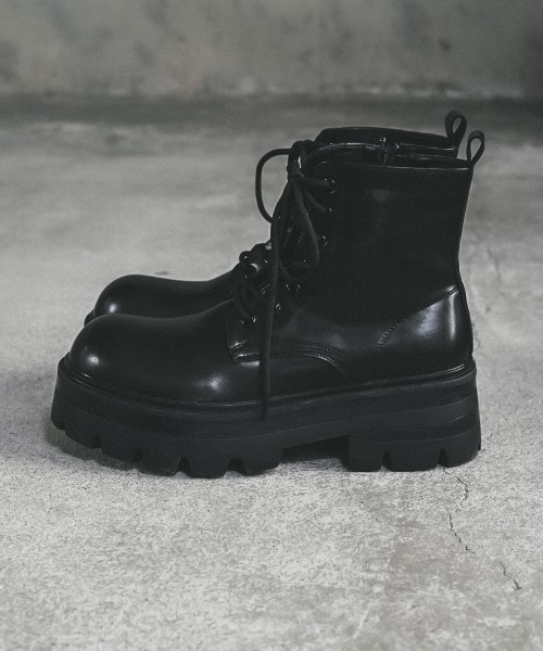 セール】Synthetic leather side zip boss toe long boots