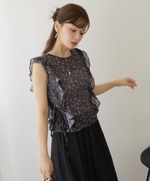 frill ribbon blouse /花柄 フリル リボン ノースリーブ ブラウス