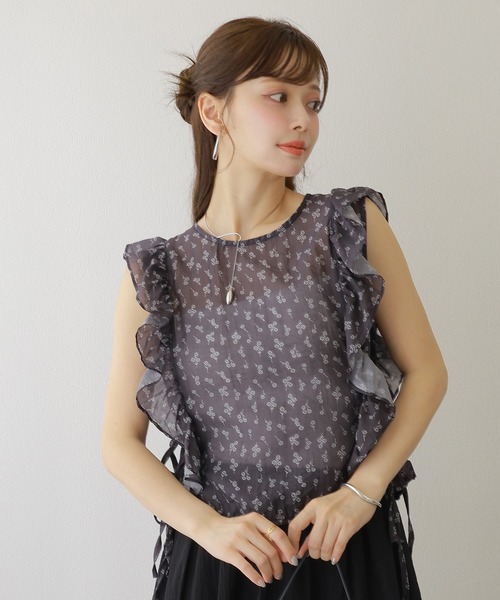 frill ribbon blouse /花柄 フリル リボン ノースリーブ