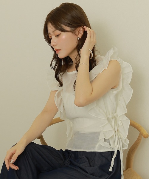 LAULEN(ローレン)の「frill ribbon blouse /花柄 フリル リボン ノースリーブ ブラウス(シャツ/ブラウス・レディース・ホワイト/チャコールグレー/ブラック・FREE)」の10枚目の写真